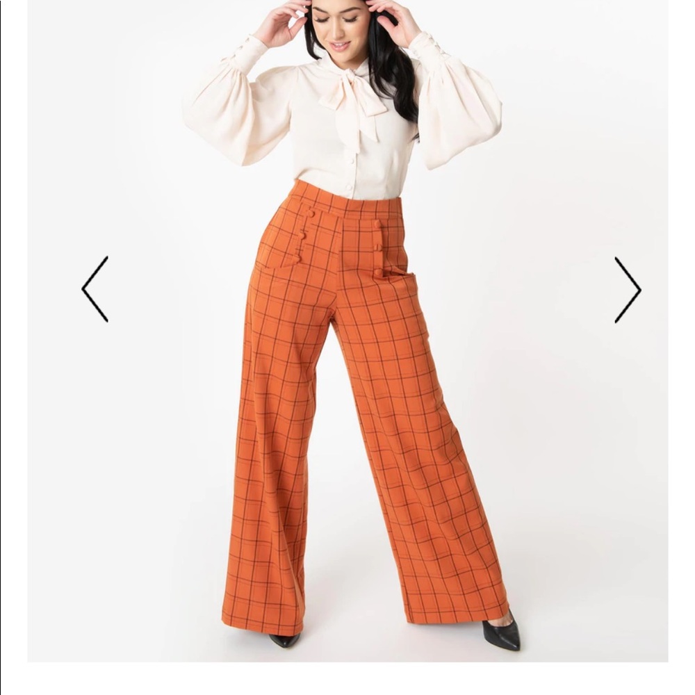 Unique Vintage | Orange Windowpane High Waisted Ginger Wide Leg Pants